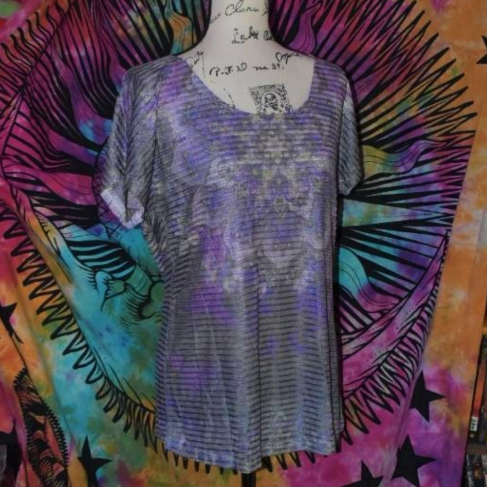 Purple Ribbed Accordian Knit Peasant Top L Blouse Sublimation Tattoo Hippie